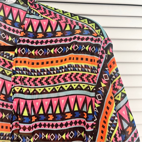 Neon Aztec Lightweight Chiffon Kimono Cardigan with Black and Lime Crop Top - Picture 7 of 7